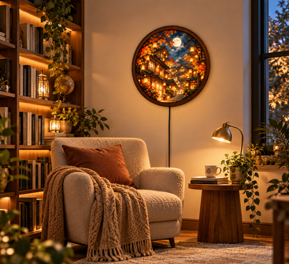 Japanese Autumn LED Wall Art, Full Moon Lantern Village Wall Light, Round Fall Landscape Decor, Glowing Asian Wall Lamp, Cozy Bedroom Decor