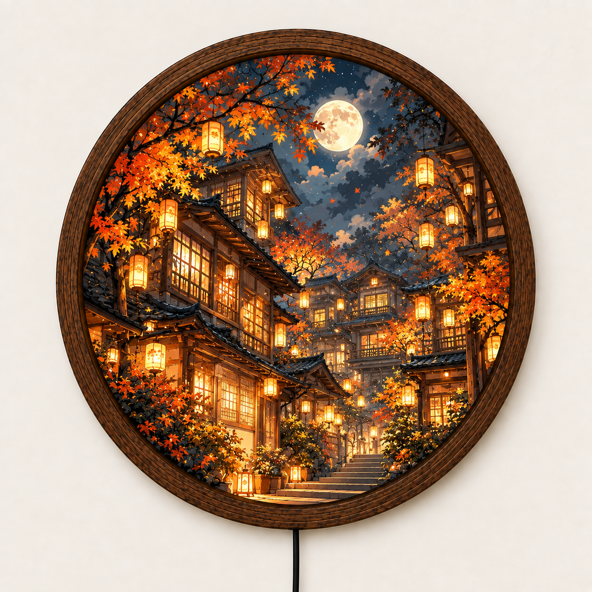 Japanese Autumn LED Wall Art, Full Moon Lantern Village Wall Light, Round Fall Landscape Decor, Glowing Asian Wall Lamp, Cozy Bedroom Decor