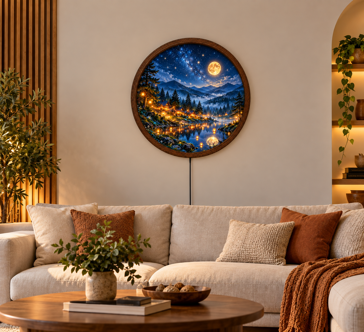Moonlit Mountain Lake LED Wall Art, Starry Night Forest Light, Round Illuminated Wall Decor, Cozy Cabin Landscape, Rustic Home Decor