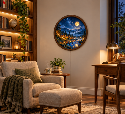 Moonlit Mountain Lake LED Wall Art, Starry Night Forest Light, Round Illuminated Wall Decor, Cozy Cabin Landscape, Rustic Home Decor
