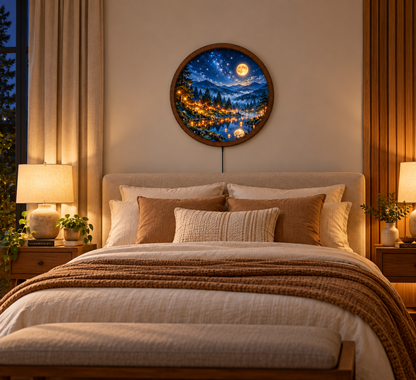 Moonlit Mountain Lake LED Wall Art, Starry Night Forest Light, Round Illuminated Wall Decor, Cozy Cabin Landscape, Rustic Home Decor