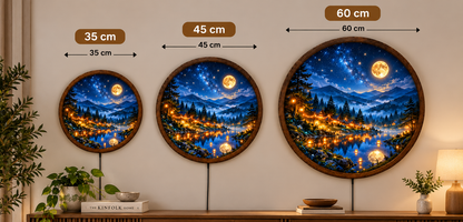 Moonlit Mountain Lake LED Wall Art, Starry Night Forest Light, Round Illuminated Wall Decor, Cozy Cabin Landscape, Rustic Home Decor