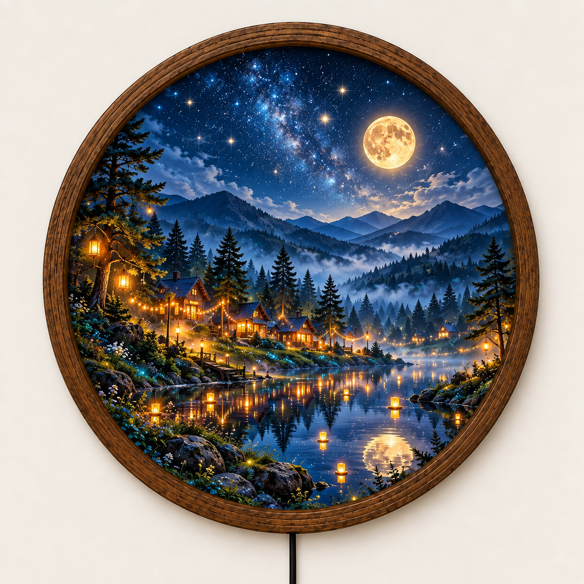 Moonlit Mountain Lake LED Wall Art, Starry Night Forest Light, Round Illuminated Wall Decor, Cozy Cabin Landscape, Rustic Home Decor