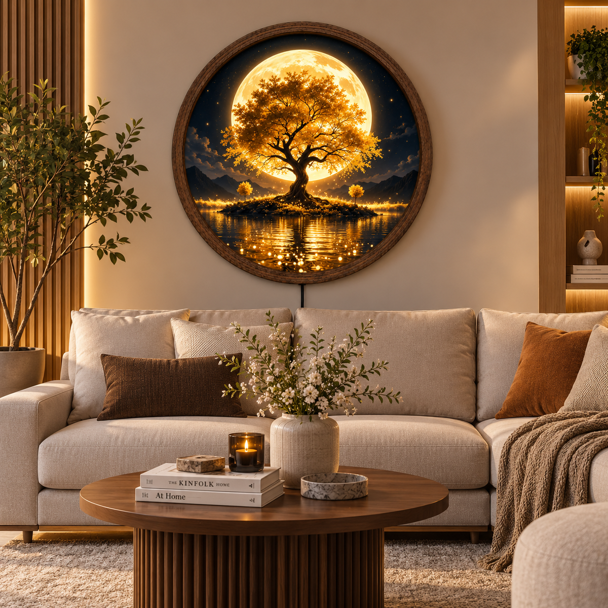 Golden Tree of Life LED Wall Art, Full Moon Nature Landscape Round Decor