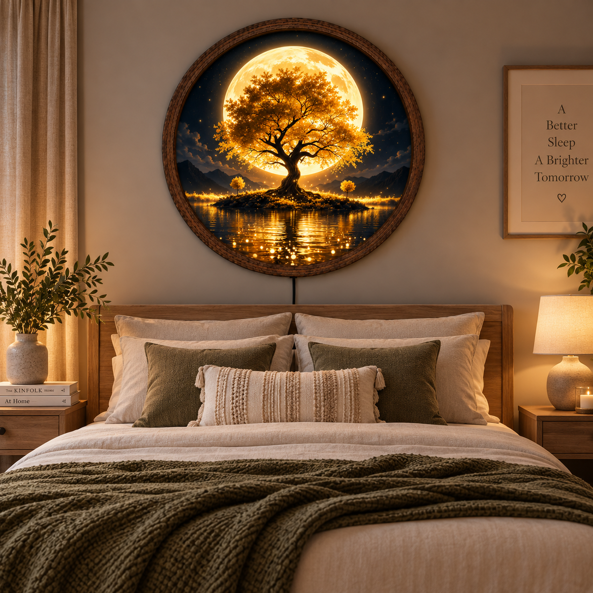 Golden Tree of Life LED Wall Art, Full Moon Nature Landscape Round Decor