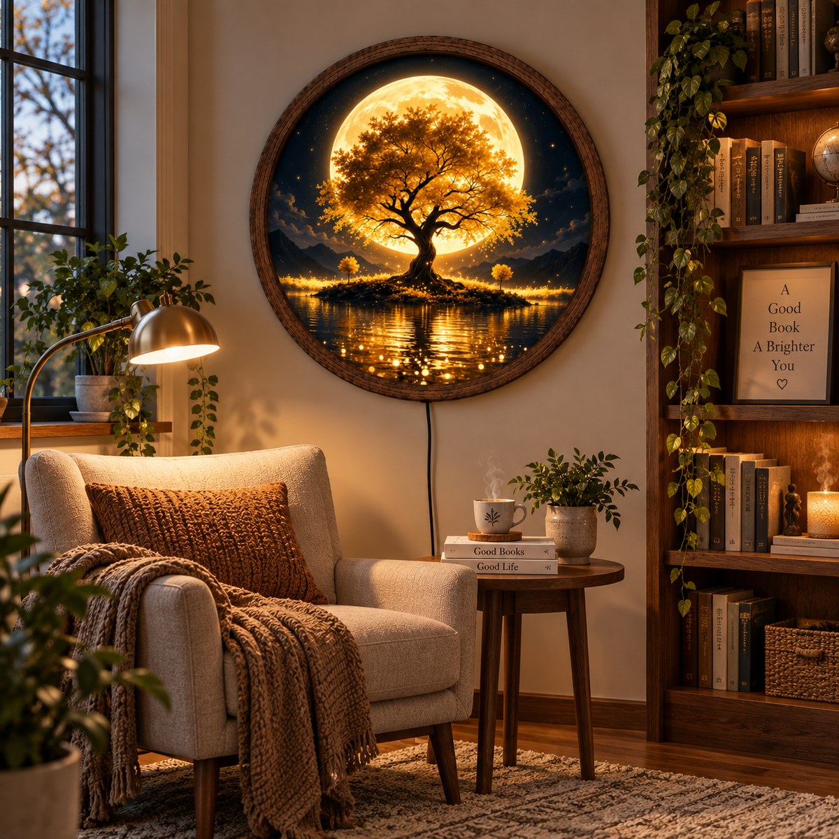 Golden Tree of Life LED Wall Art, Full Moon Nature Landscape Round Decor