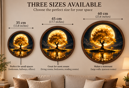 Golden Tree of Life LED Wall Art, Full Moon Nature Landscape Round Decor