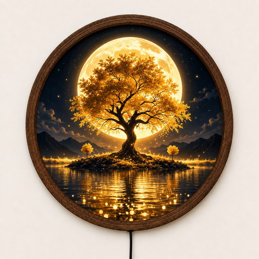 Golden Tree of Life LED Wall Art, Full Moon Nature Landscape Round Decor