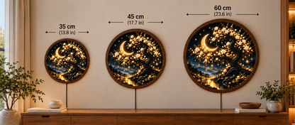 Crescent Moon Tree LED Wall Art, Glowing Floral Night Landscape, Round Illuminated Wall Decor, Mystical Nature Art, Bedroom Decor