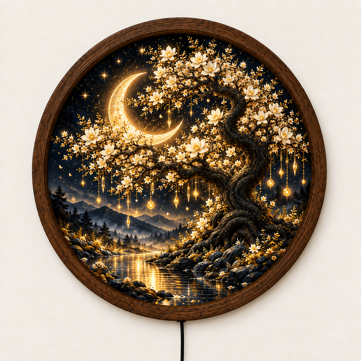 Crescent Moon Tree LED Wall Art, Glowing Floral Night Landscape, Round Illuminated Wall Decor, Mystical Nature Art, Bedroom Decor