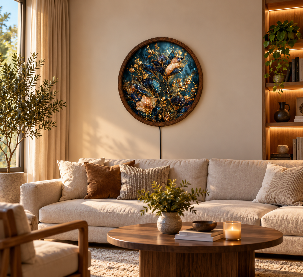 Blue Gold Floral LED Wall Art, Elegant Botanical Round Wall Decor, Glowing Flower Light, Luxury Nature Wall Art, Bedroom Home Decor