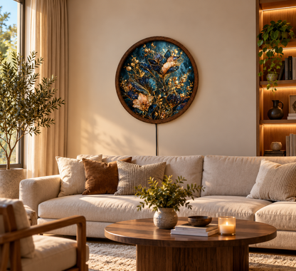 Blue Gold Floral LED Wall Art, Elegant Botanical Round Wall Decor, Glowing Flower Light, Luxury Nature Wall Art, Bedroom Home Decor
