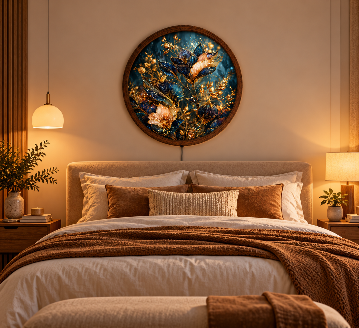 Blue Gold Floral LED Wall Art, Elegant Botanical Round Wall Decor, Glowing Flower Light, Luxury Nature Wall Art, Bedroom Home Decor