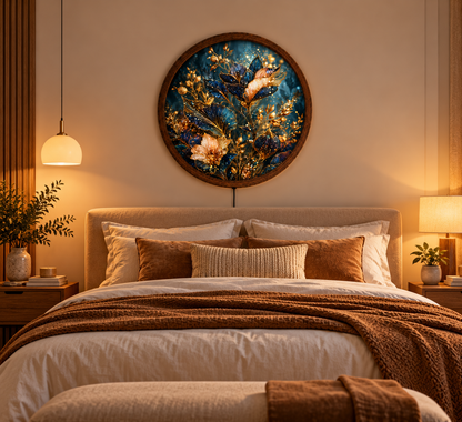 Blue Gold Floral LED Wall Art, Elegant Botanical Round Wall Decor, Glowing Flower Light, Luxury Nature Wall Art, Bedroom Home Decor