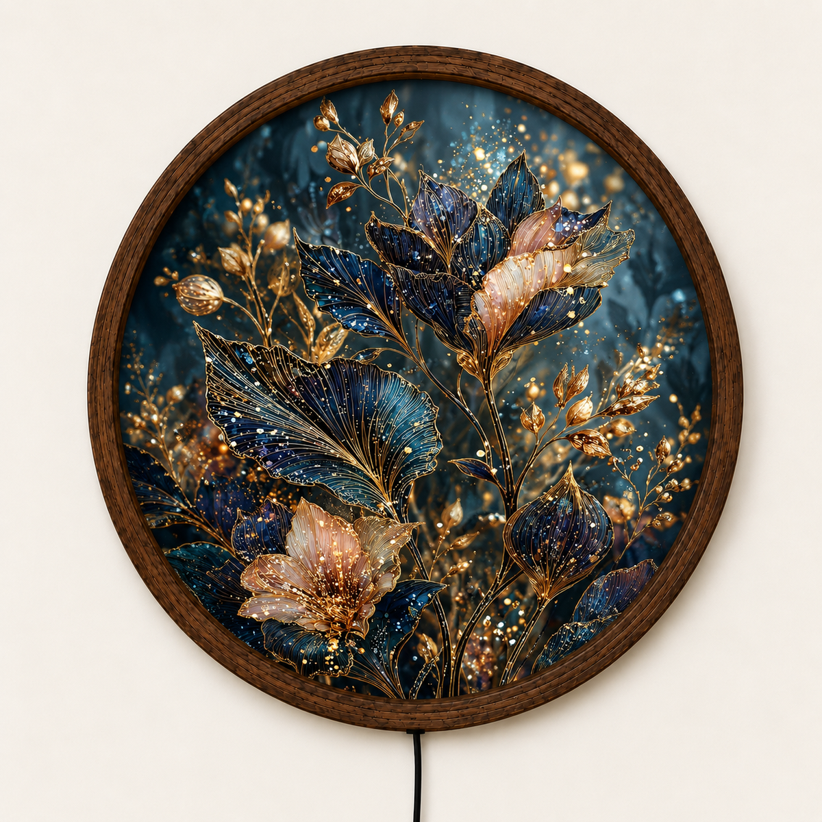 Blue Gold Floral LED Wall Art, Elegant Botanical Round Wall Decor, Glowing Flower Light, Luxury Nature Wall Art, Bedroom Home Decor