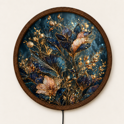 Blue Gold Floral LED Wall Art, Elegant Botanical Round Wall Decor, Glowing Flower Light, Luxury Nature Wall Art, Bedroom Home Decor