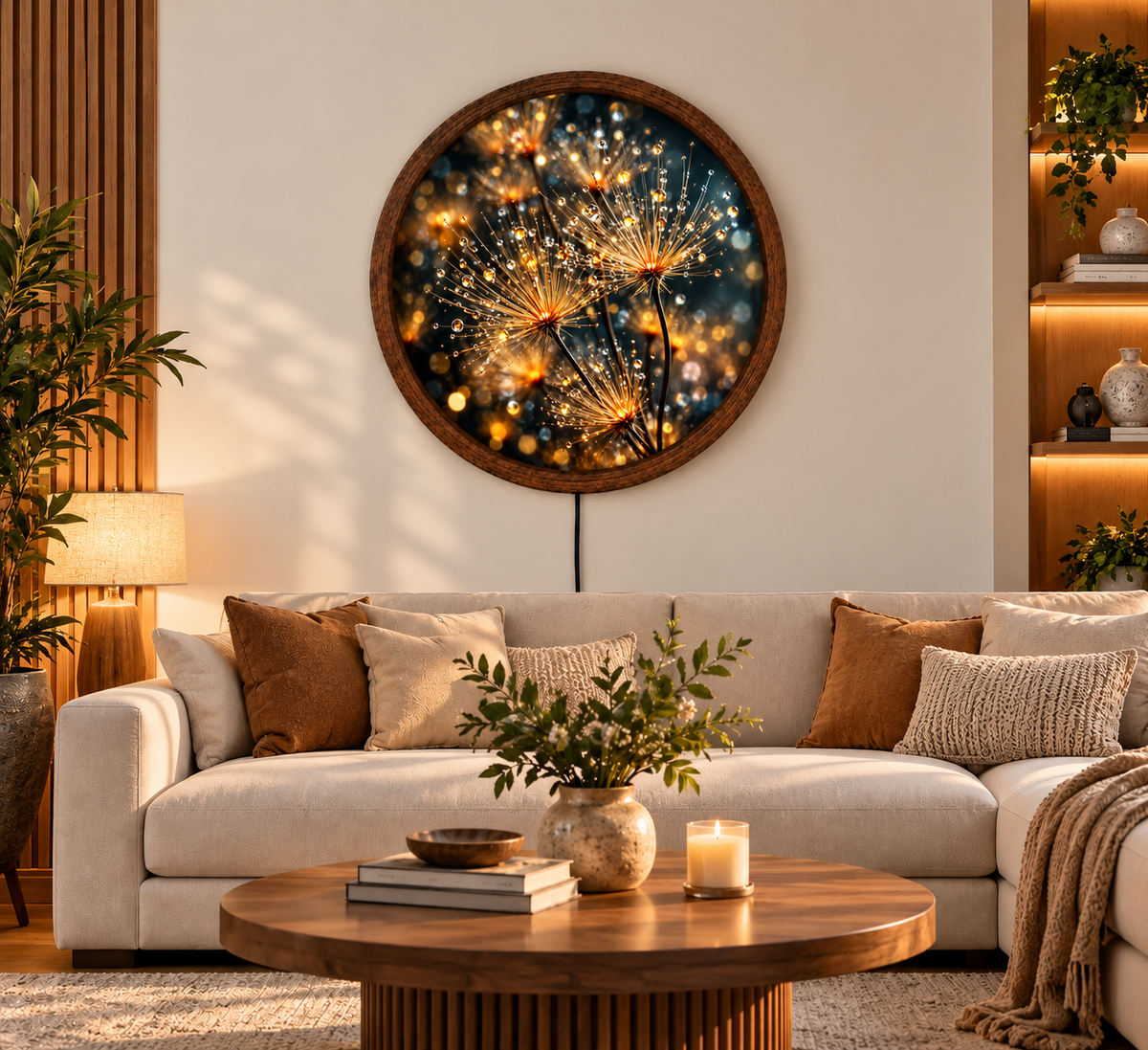 Golden Dandelion LED Wall Art, Glowing Floral Round Wall Decor, Dew Drop Botanical Light, Nature Inspired Art, Bedroom Living Room Decor