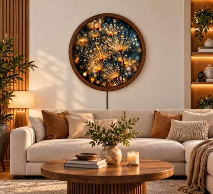 Golden Dandelion LED Wall Art, Glowing Floral Round Wall Decor, Dew Drop Botanical Light, Nature Inspired Art, Bedroom Living Room Decor