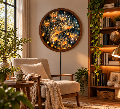 Golden Dandelion LED Wall Art, Glowing Floral Round Wall Decor, Dew Drop Botanical Light, Nature Inspired Art, Bedroom Living Room Decor