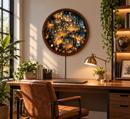 Golden Dandelion LED Wall Art, Glowing Floral Round Wall Decor, Dew Drop Botanical Light, Nature Inspired Art, Bedroom Living Room Decor