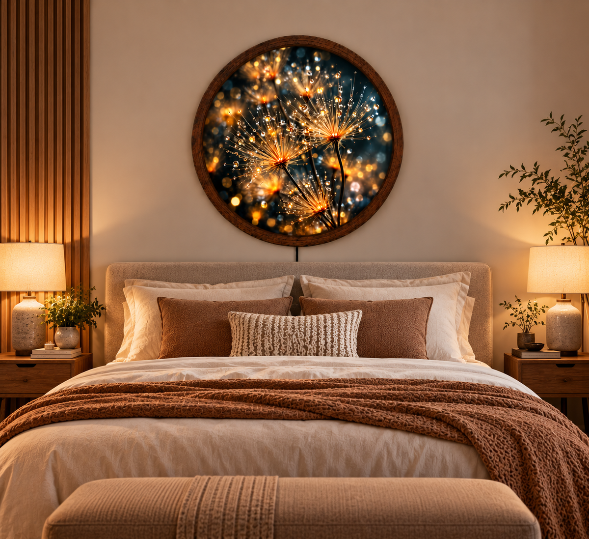 Golden Dandelion LED Wall Art, Glowing Floral Round Wall Decor, Dew Drop Botanical Light, Nature Inspired Art, Bedroom Living Room Decor