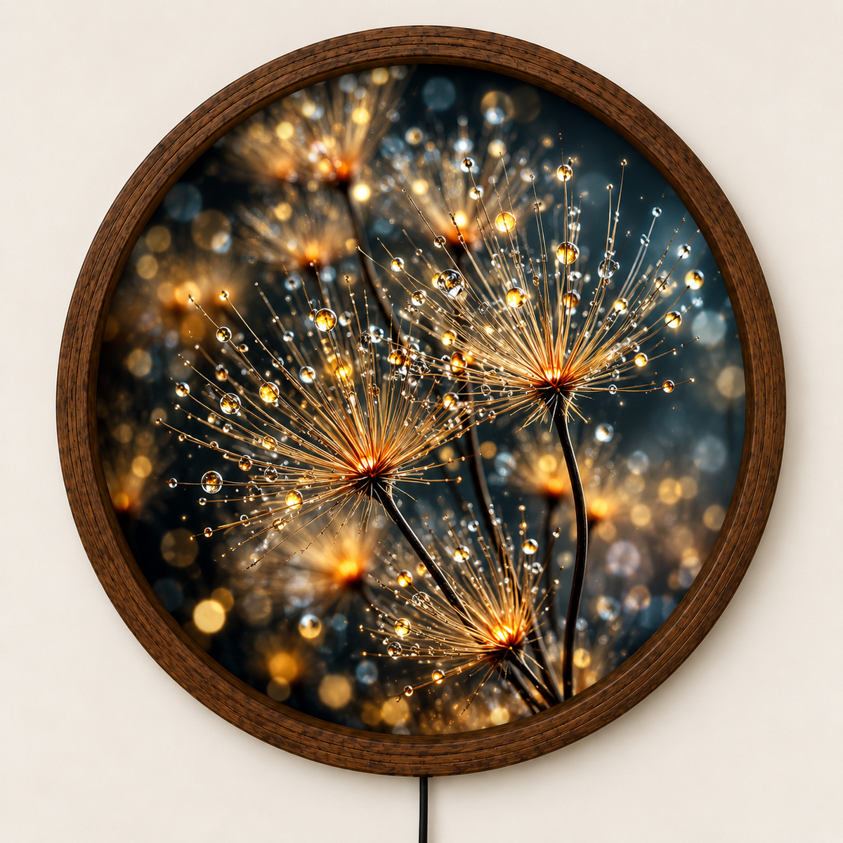 Golden Dandelion LED Wall Art, Glowing Floral Round Wall Decor, Dew Drop Botanical Light, Nature Inspired Art, Bedroom Living Room Decor