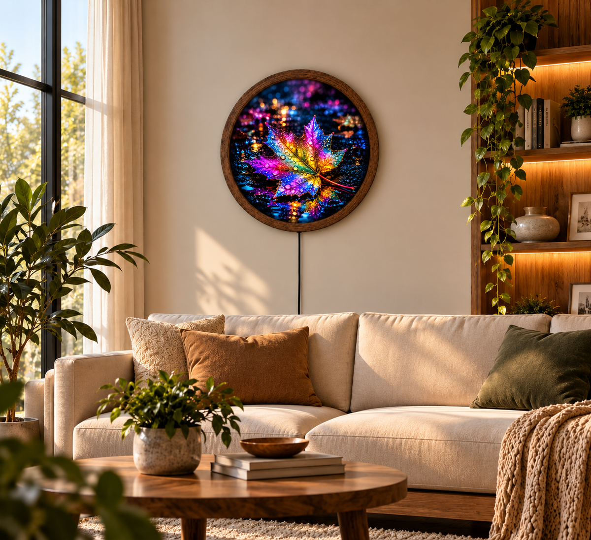 Colorful Maple Leaf LED Wall Art, Rainbow Autumn Leaf Round Wall Decor, Glowing Nature Light, Botanical Wall Art, Fall Home Decor
