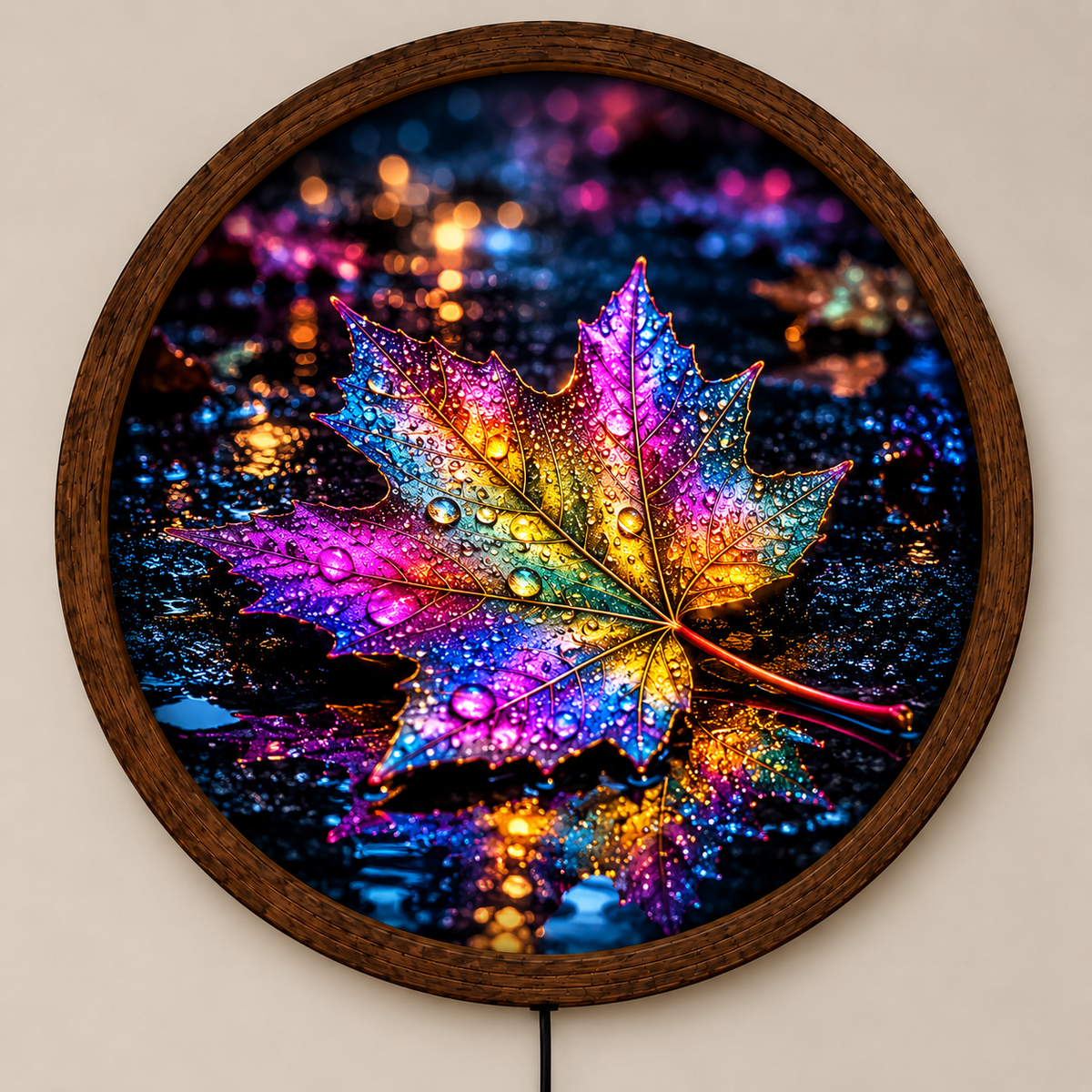 Colorful Maple Leaf LED Wall Art, Rainbow Autumn Leaf Round Wall Decor, Glowing Nature Light, Botanical Wall Art, Fall Home Decor