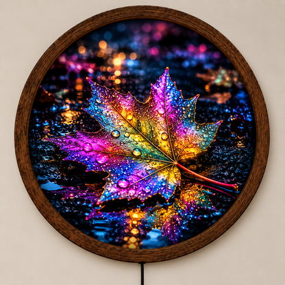 Colorful Maple Leaf LED Wall Art, Rainbow Autumn Leaf Round Wall Decor, Glowing Nature Light, Botanical Wall Art, Fall Home Decor