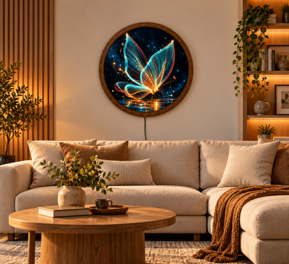 Glowing Butterfly LED Wall Art, Blue Gold Butterfly Round Wall Decor, Magical Nature Light, Illuminated Wall Art, Bedroom Home Decor