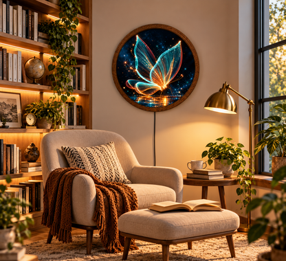 Glowing Butterfly LED Wall Art, Blue Gold Butterfly Round Wall Decor, Magical Nature Light, Illuminated Wall Art, Bedroom Home Decor