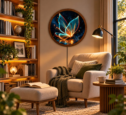 Glowing Butterfly LED Wall Art, Blue Gold Butterfly Round Wall Decor, Magical Nature Light, Illuminated Wall Art, Bedroom Home Decor