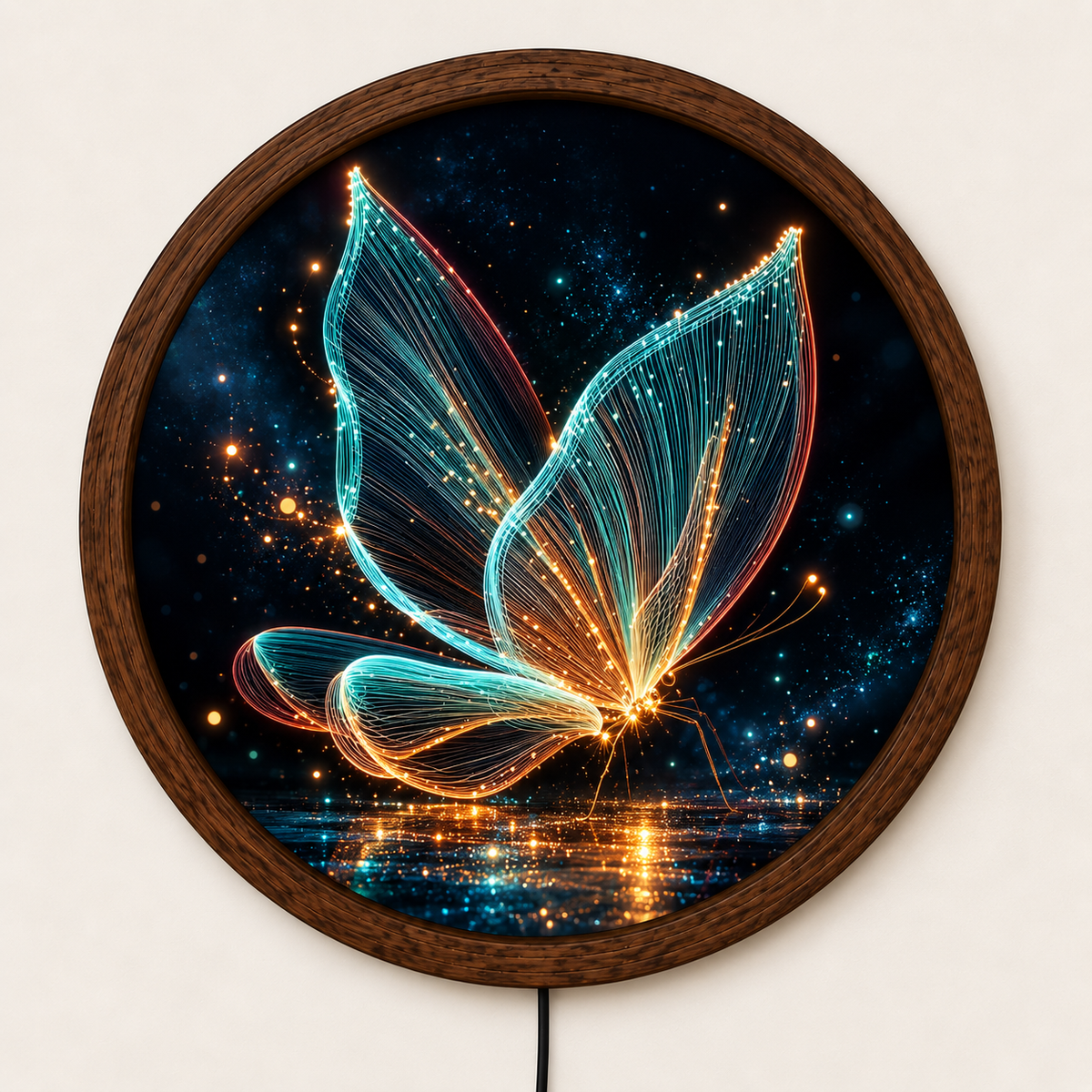 Glowing Butterfly LED Wall Art, Blue Gold Butterfly Round Wall Decor, Magical Nature Light, Illuminated Wall Art, Bedroom Home Decor
