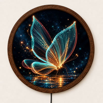 Glowing Butterfly LED Wall Art, Blue Gold Butterfly Round Wall Decor, Magical Nature Light, Illuminated Wall Art, Bedroom Home Decor