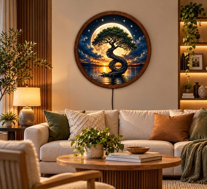 Tree of Life LED Wall Art, Full Moon Tree Round Wall Decor, Mystical Nature Light, Moonlit Landscape Art, Bedroom Living Room Decor