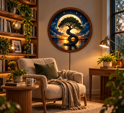 Tree of Life LED Wall Art, Full Moon Tree Round Wall Decor, Mystical Nature Light, Moonlit Landscape Art, Bedroom Living Room Decor