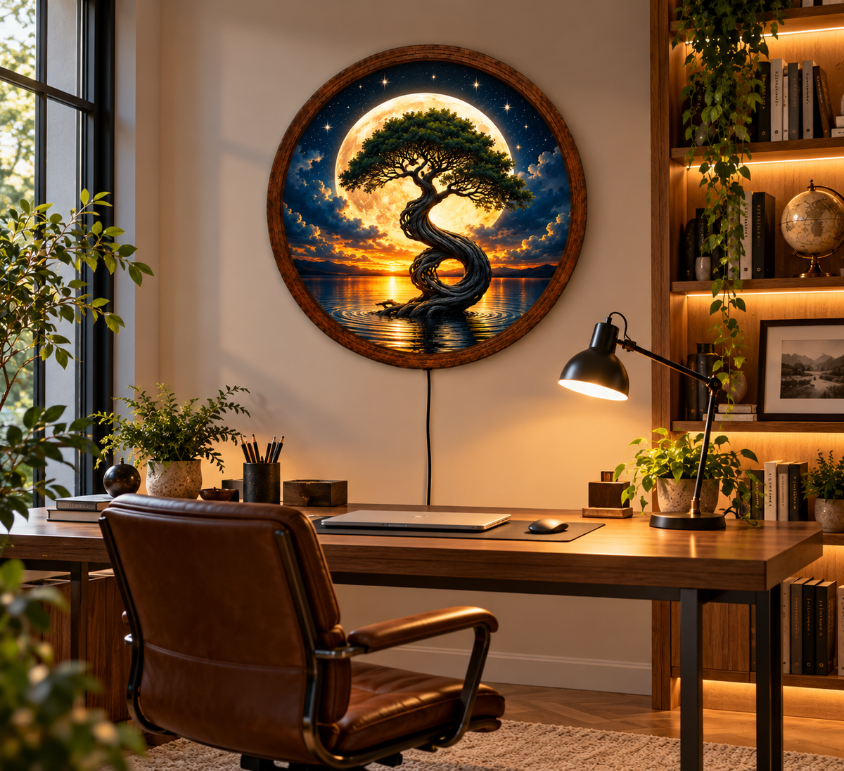 Tree of Life LED Wall Art, Full Moon Tree Round Wall Decor, Mystical Nature Light, Moonlit Landscape Art, Bedroom Living Room Decor