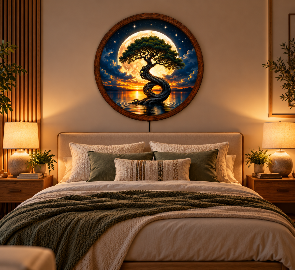 Tree of Life LED Wall Art, Full Moon Tree Round Wall Decor, Mystical Nature Light, Moonlit Landscape Art, Bedroom Living Room Decor