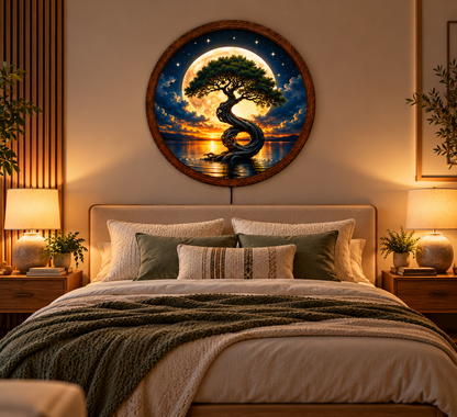 Tree of Life LED Wall Art, Full Moon Tree Round Wall Decor, Mystical Nature Light, Moonlit Landscape Art, Bedroom Living Room Decor