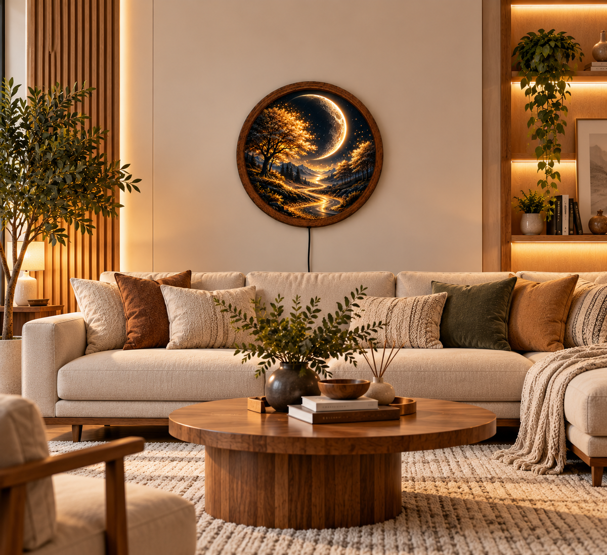 Crescent Moon Tree LED Wall Art, Golden Forest Landscape Round Wall Decor, Mystical Moonlight Art, Nature Light, Bedroom Decor