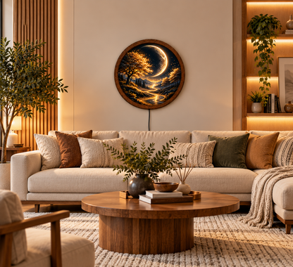 Crescent Moon Tree LED Wall Art, Golden Forest Landscape Round Wall Decor, Mystical Moonlight Art, Nature Light, Bedroom Decor