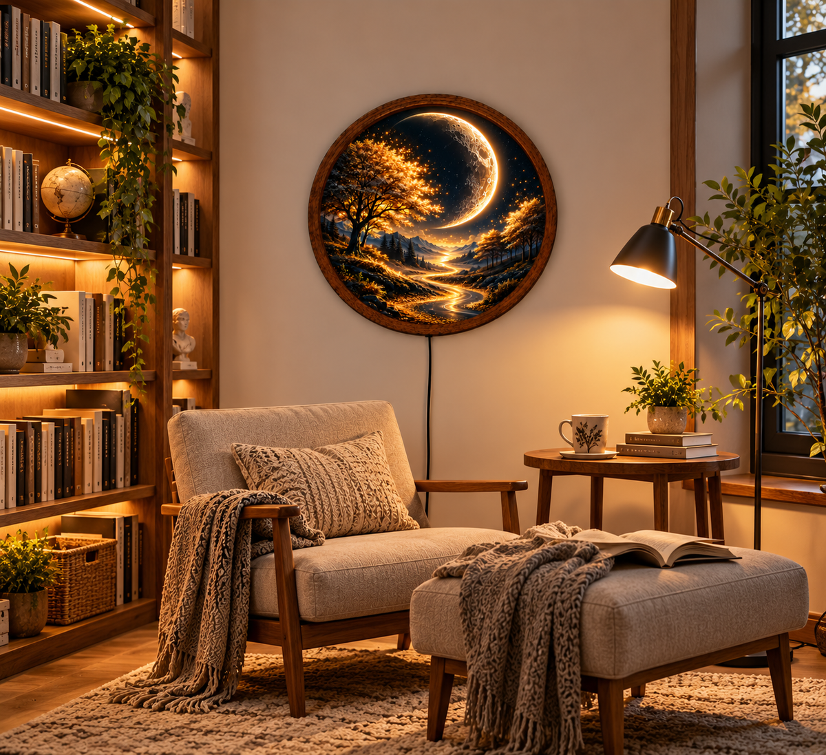 Crescent Moon Tree LED Wall Art, Golden Forest Landscape Round Wall Decor, Mystical Moonlight Art, Nature Light, Bedroom Decor