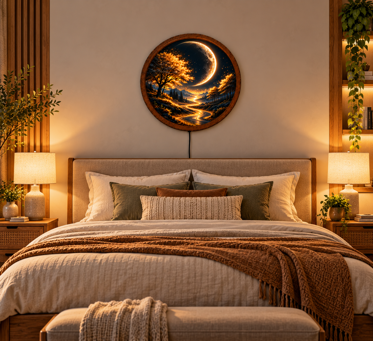 Crescent Moon Tree LED Wall Art, Golden Forest Landscape Round Wall Decor, Mystical Moonlight Art, Nature Light, Bedroom Decor