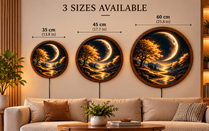 Crescent Moon Tree LED Wall Art, Golden Forest Landscape Round Wall Decor, Mystical Moonlight Art, Nature Light, Bedroom Decor