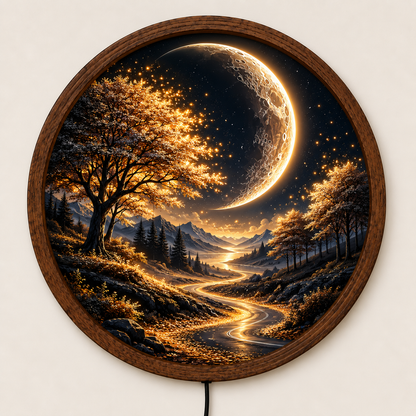 Crescent Moon Tree LED Wall Art, Golden Forest Landscape Round Wall Decor, Mystical Moonlight Art, Nature Light, Bedroom Decor