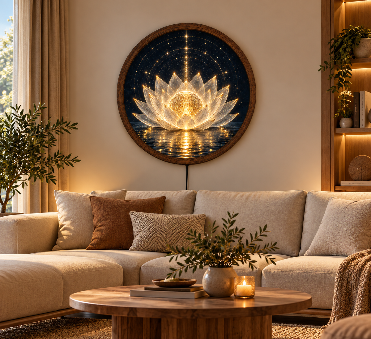 Lotus Flower LED Wall Art, Sacred Geometry Round Light, Spiritual Meditation Decor, Glowing Lotus Wall Decor, Yoga Room Gift