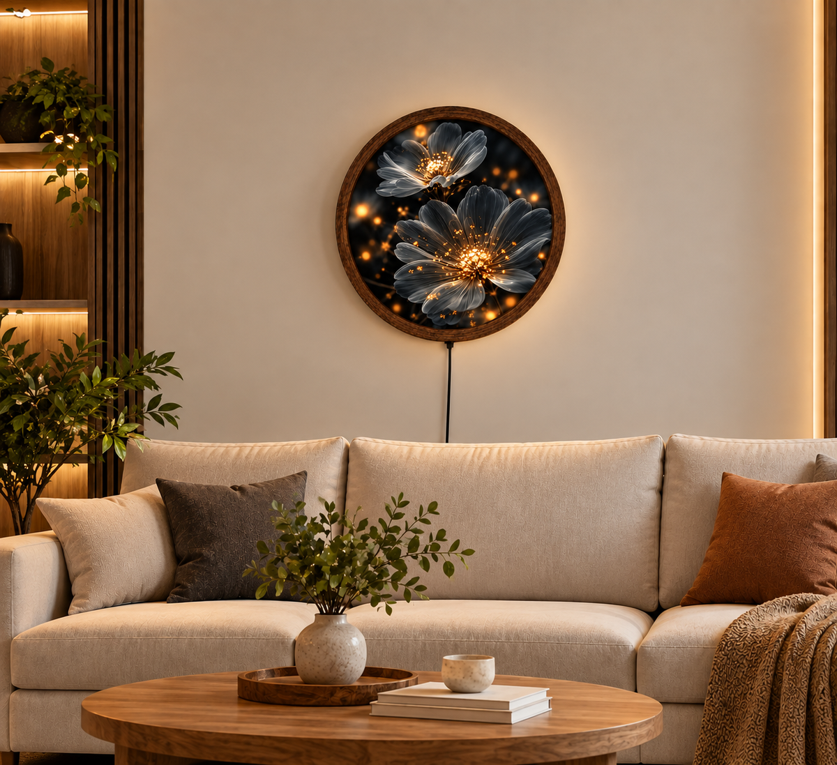 Glowing Floral LED Wall Art, Round Black Flower Light Decor, Modern Botanical Wall Lamp, Illuminated Flower Art, Bedroom Living Room Decor