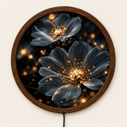 Glowing Floral LED Wall Art, Round Black Flower Light Decor, Modern Botanical Wall Lamp, Illuminated Flower Art, Bedroom Living Room Decor