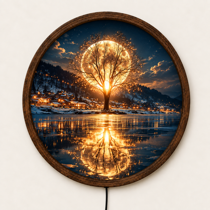 Moonlit Winter Tree LED Wall Art, Full Moon Landscape Light, Round Nature Wall Decor, Glowing Lake Reflection Art, Bedroom Living Room Decor