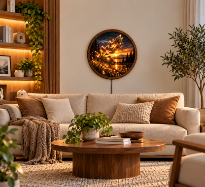 Golden Wheat LED Wall Art, Glowing Botanical Landscape Decor, Round Illuminated Nature Wall Light, Sunset Farmhouse Art, Rustic Home Decor